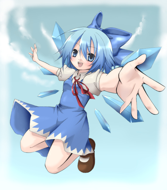 1girl, blue_eyes, blue_hair, cirno, embodiment_of_scarlet_devil, female_focus, foreshortening, jumping