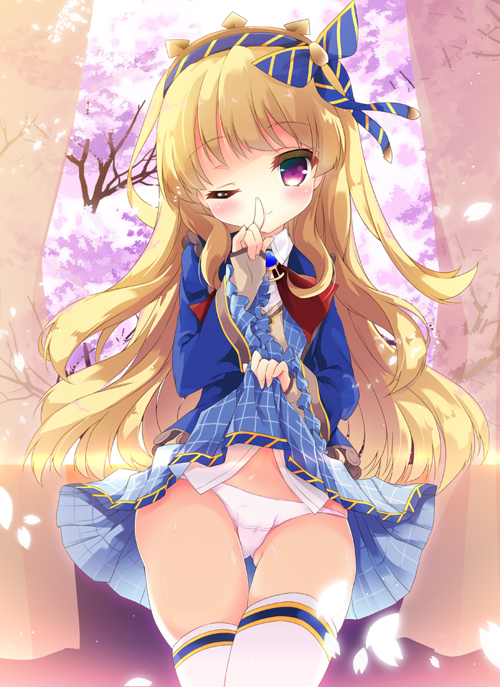 10s, 1girl, ;), blonde_hair, blue_skirt, cagliostro_(granblue_fantasy), cagliostro_(youthful_uniform)_(granblue_fantasy), cherry_blossoms