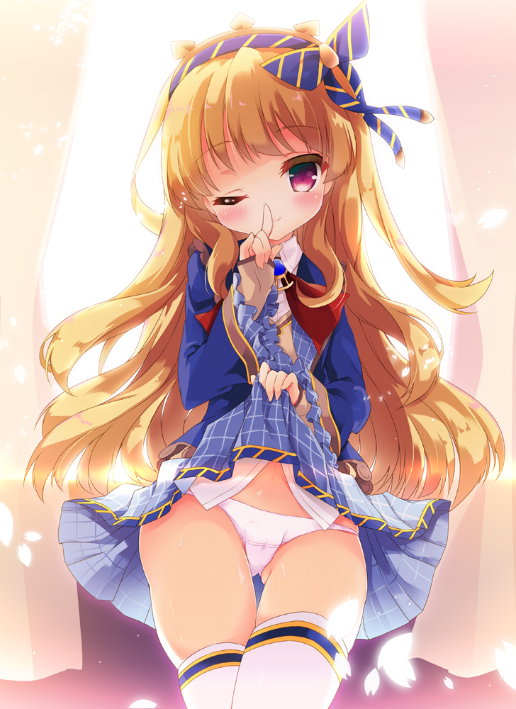 10s, 1girl, ;), blonde_hair, blue_skirt, cagliostro_(granblue_fantasy), cagliostro_(youthful_uniform)_(granblue_fantasy), clothes_lift, eyebrows, female_focus, finger_to_mouth, granblue_fantasy, hair_ribbon, hairband, index_finger_raised, long_hair, looking_at_viewer, natsuki_yuu_(amemizu), one_eye_closed, panties, petals, pink_panties, plaid_clothes, plaid_skirt, purple_eyes, ribbon, skirt, skirt_lift, smile, solo, thighhighs, underwear, white_thighhighs