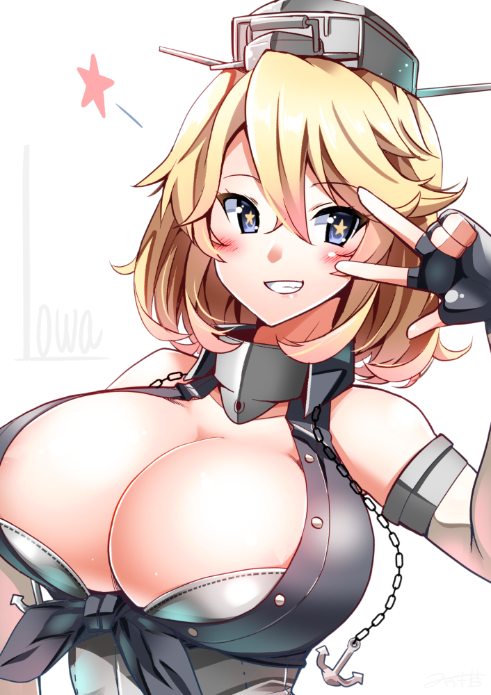10s, 1girl, alternate_hair_length, alternate_hairstyle, anchor, blonde_hair, blue_eyes, breasts, cleavage, commentary_request, elbow_gloves, female_focus, fingerless_gloves, front-tie_top, gloves, grin, headgear, huge_breasts, iowa_(kancolle), kantai_collection, short_hair, smile, solo, star-shaped_pupils, star_(symbol), symbol-shaped_pupils, v, yuuki_hb