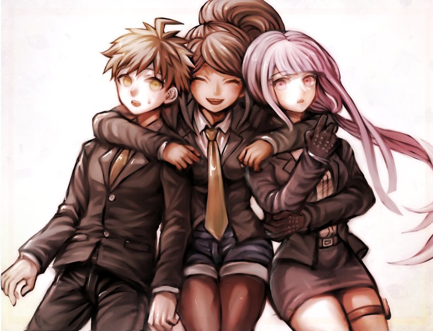 10s, 1boy, 2girls, ahoge, arm_around_shoulder, asahina_aoi, bad_id, bad_twitter_id, black_gloves, brown_hair, closed_eyes, danganronpa_(series), danganronpa_3_(anime), dark-skinned_female, dark_skin, doraraemon, formal_clothes, gloves, green_eyes, highres, holster, jacket, kirigiri_kyoko, long_hair, multiple_girls, naegi_makoto, necktie, official_alternate_hairstyle, pantyhose, ponytail, purple_eyes, purple_hair, short_hair, shorts, simple_background, skirt, skirt_suit, smile, suit, suit_jacket, thigh_holster, white_background, yellow_necktie