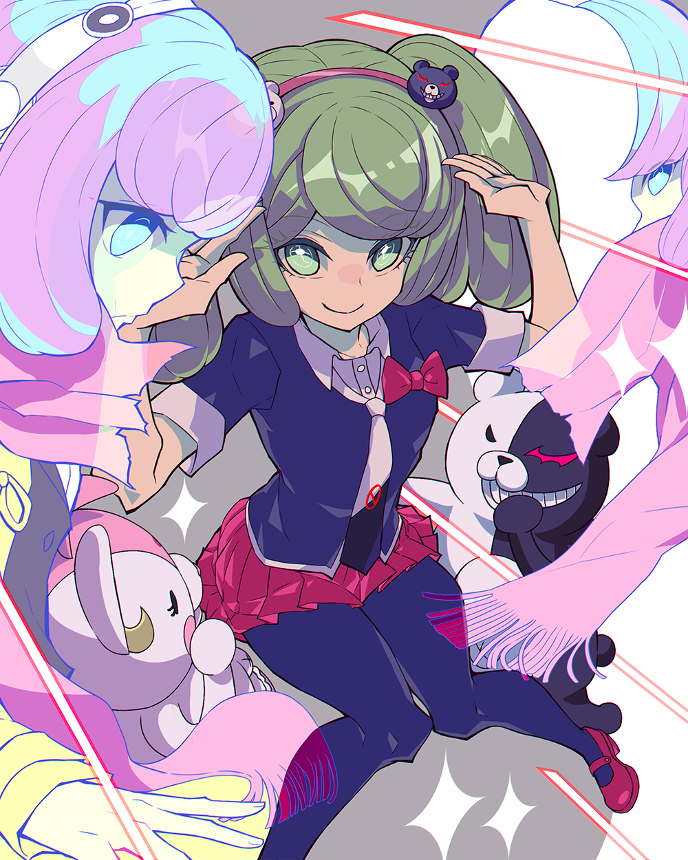 10s, 1girl, bear, bear_hair_ornament, bow, c_f_lanteon, danganronpa_(series), danganronpa_3_(anime), ear_bow, from_above, gekkogahara_miaya, green_eyes, grey_background, hair_ornament, hairband, highres, looking_at_viewer, monokuma, monomi_(danganronpa), pantyhose, rabbit, scarf, sleeves_rolled_up, smile, spoilers, towa_monaca, twintails