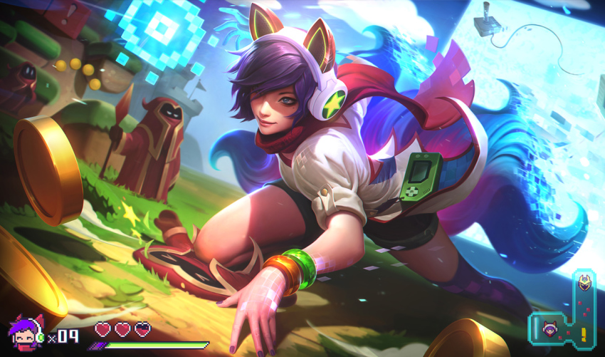 >_<, 1girl, ^_^, ahri_(league_of_legends), alex_flores, all_fours, alternate_costume, animal_ears