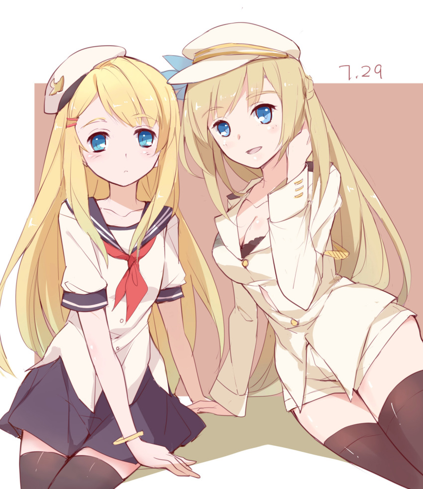 2girls, :d, aiguillette, arm_support, black_bra, black_legwear, blonde_hair, blue_eyes