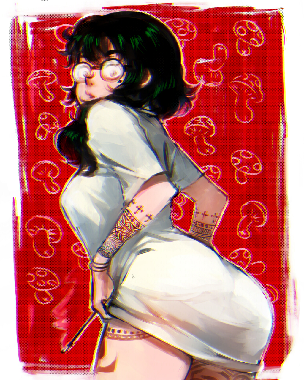 1girl, ass, chromatic_aberration, cigarette, drugs, female_focus, from_behind, glasses, green_hair, highres, holding, jcm2, leaning_forward, looking_back, lsd, mole, mole_under_eye, mushroom, open_mouth, original, shirt, smoke, solo, t-shirt, tattoo