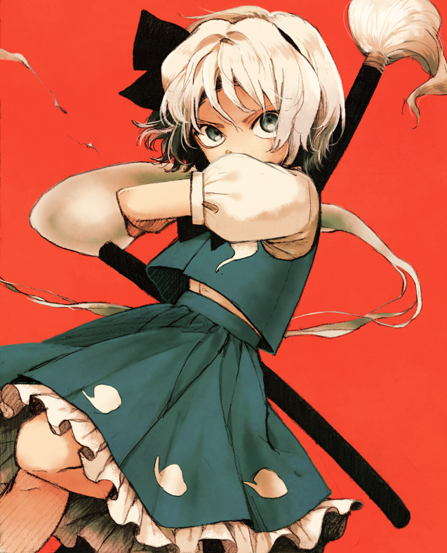 1girl, bad_id, bad_pixiv_id, covered_mouth, dutch_angle, female_focus, green_eyes, hairband