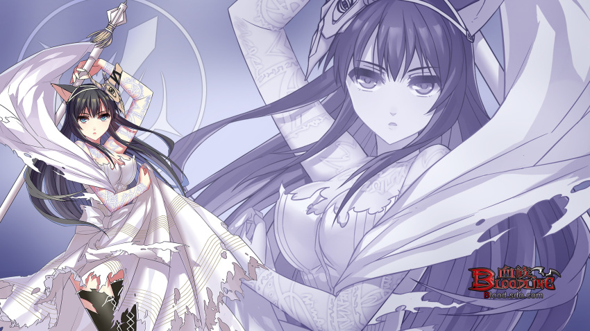 1girl, animal_ears, black_hair, black_thighhighs, bloodline, blue_eyes, breasts, cleavage