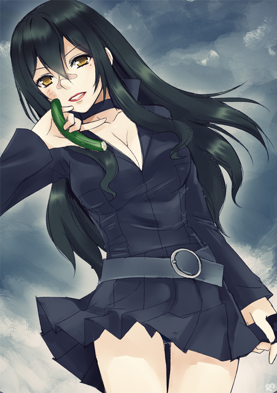 10s, 1girl, belt, black_hair, black_skirt, breasts, cleavage, collar, collarbone, evangeline_yamamoto, female_focus, food, holding, holding_food, kiryuu_aoko, large_breasts, long_hair, looking_at_viewer, pleated_skirt, skirt, solo, yellow_eyes, zetsuen_no_tempest