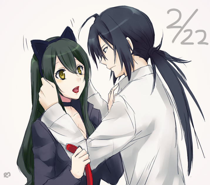 10s, 1boy, 1girl, animal_ears, black_hair, breasts, cat_ears, cleavage, collar, collarbone, evangeline_yamamoto, eye_contact, fake_animal_ears, hairband, kiryuu_aoko, kusaribe_natsumura, large_breasts, long_hair, looking_at_another, open_mouth, ponytail, yellow_eyes, zetsuen_no_tempest