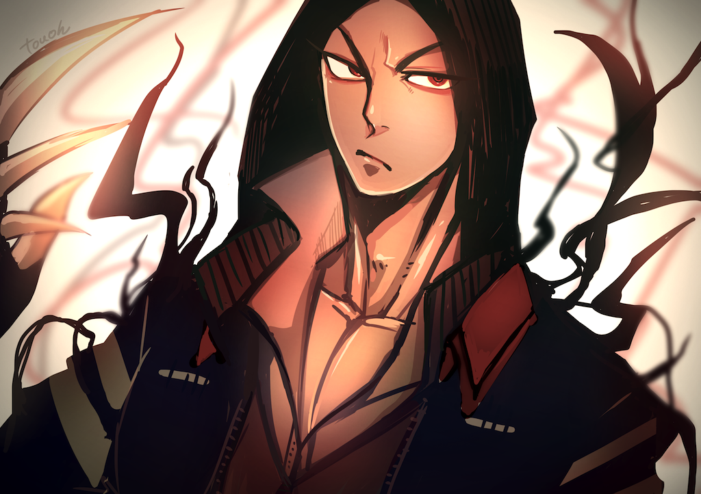 1boy, alex_mercer, artist_name, claws, commentary_request, frown, hood, looking_at_viewer, looking_to_the_side, male_focus, prototype_(game), red_eyes, solo, tendrils, touoh, upper_body