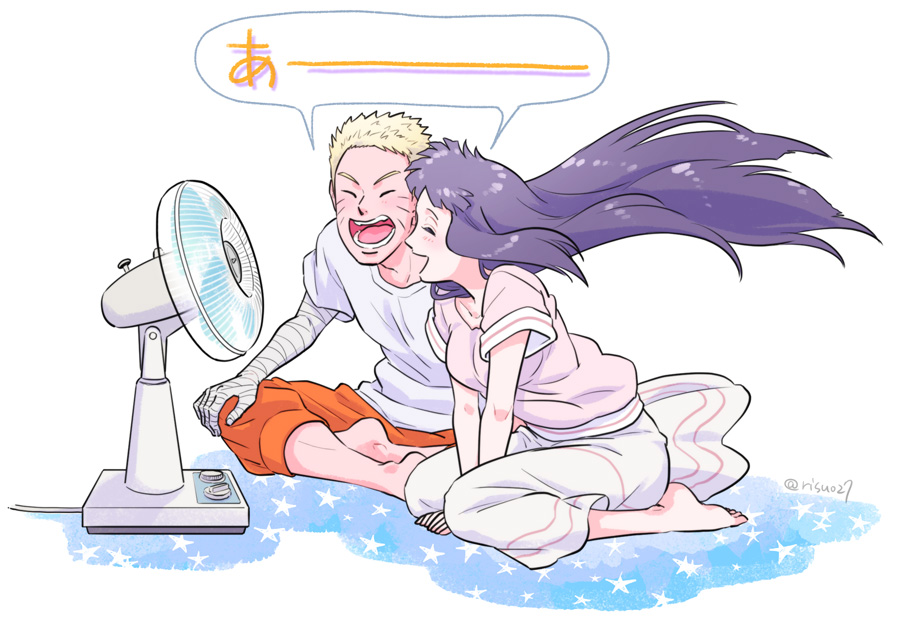 1boy, 1girl, blonde_hair, closed_eyes, couple, electric_fan, facial_mark, hetero, hyuuga_hinata, long_hair, naruto_(classic), naruto_(series), open_mouth, purple_hair, risuo, short_hair, smile, sound_effects, sound_effects_only, uzumaki_naruto
