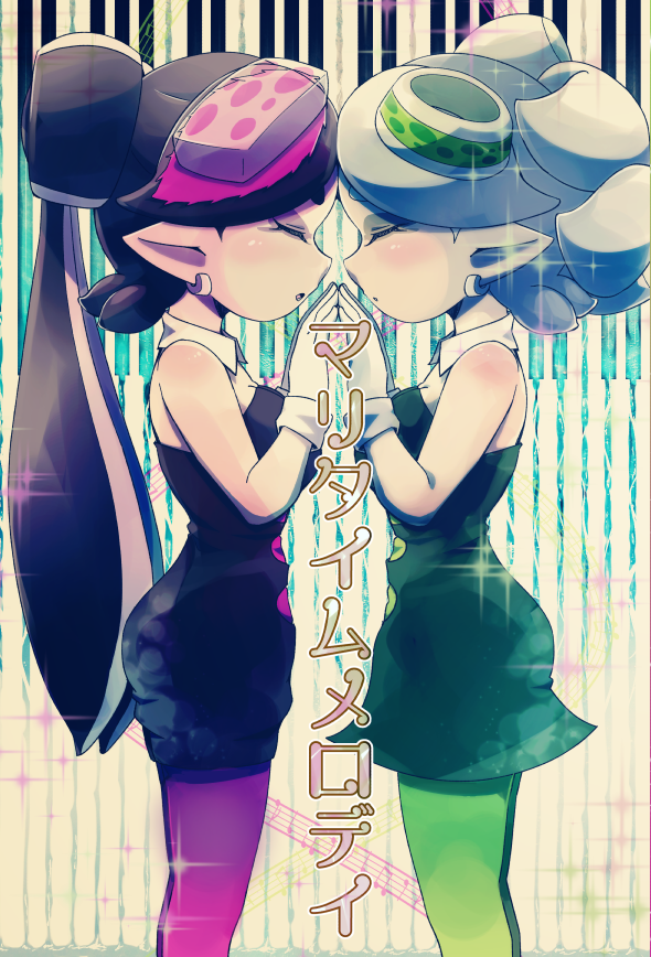 2girls, bad_id, bad_pixiv_id, black_dress, black_hair, callie_(splatoon), callie_(squid_sisters_outfit)_(splatoon), closed_eyes, cowboy_shot, detached_collar, dress, earrings, food, food_on_head, from_side, gloves, happamushi, holding_hands, inkling, jewelry, long_hair, marie_(splatoon), marie_(squid_sisters_outfit)_(splatoon), multiple_girls, nintendo, object_on_head, pantyhose, parted_lips, pointy_ears, short_dress, short_hair, short_jumpsuit, splatoon_(series), splatoon_1, standing, strapless, strapless_dress, symmetrical_hand_pose, symmetry, tentacle_hair, translated, white_gloves