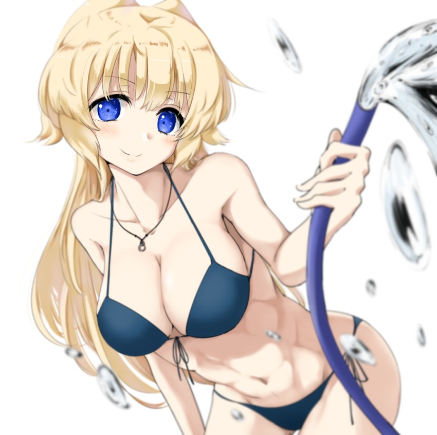10s, 1girl, abs, bare_arms, bare_shoulders, bikini, blonde_hair, blue_bikini