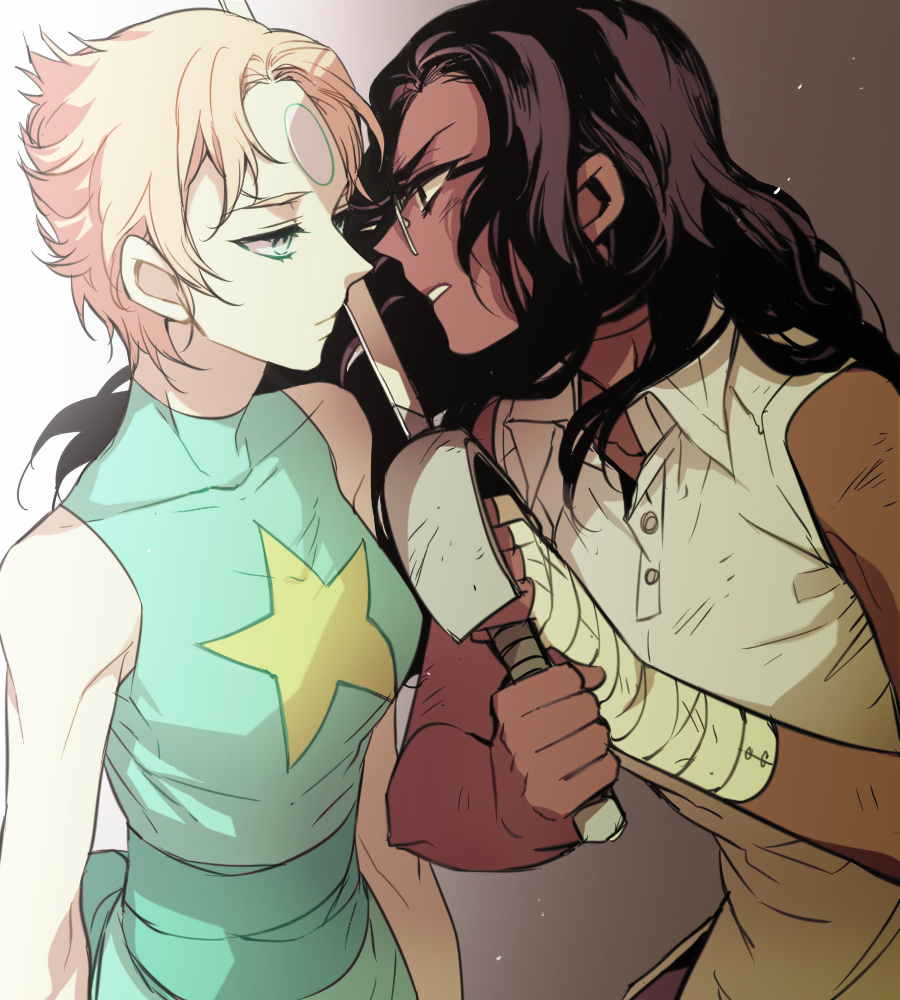 2girls, bandages, brown_eyes, brown_hair, connie_maheswaran, dark-skinned_female, dark_skin, desi, eye_contact, facial_mark, forehead_jewel, forehead_mark, glasses, long_hair, looking_at_another, multiple_girls, pale_skin, pearl_(steven_universe), rapier, steven_universe, sword, weapon, zlzydn888