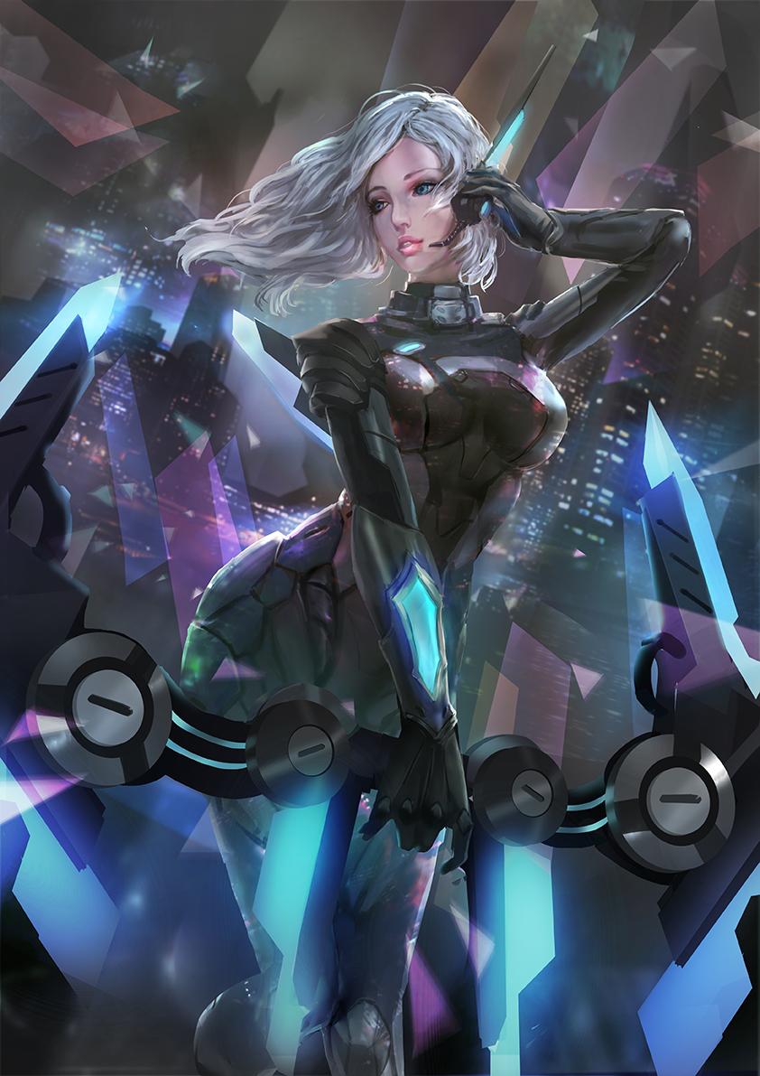 1girl, alternate_costume, armor, ashe_(league_of_legends), blue_eyes, bow, cglas, city, dutch_angle, female_focus, gloves, league_of_legends, looking_to_the_side, parted_lips, pauldrons, project:_ashe, shoulder_armor, silver_hair, solo, weapon