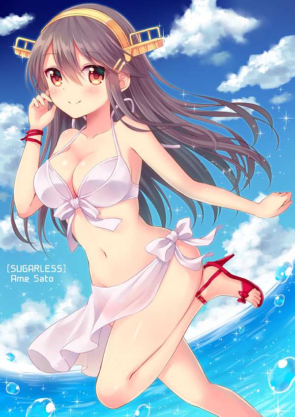 10s, 1girl, bad_id, bad_pixiv_id, bikini, black_hair, cloud, day