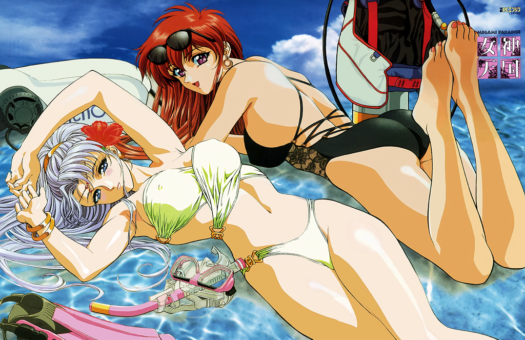 1990s_(style), 2girls, armpits, ass, bangle, barefoot, bikini, black_one-piece_swimsuit, blue_eyes, blush, bracelet, casual_one-piece_swimsuit, cloud, copyright_name, day, diving_mask, earrings, eyewear_on_head, feet, feet_up, flippers, flower, glasses, goggles, green_bikini, hair_flower, hair_ornament, jewelry, juliana_(megami_paradise), long_hair, looking_at_viewer, lying, matching_hair/eyes, megami_paradise, multiple_girls, navel, on_back, on_stomach, one-piece_swimsuit, red_eyes, red_hair, retro_artstyle, silver_hair, sky, snorkel, stashia, strapless, strapless_bikini, sunglasses, sunglasses_on_head, swimsuit, yoshizane_akihiro