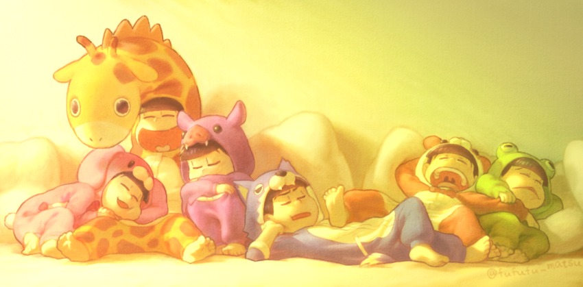 10s, 6+boys, ^_^, alternate_costume, animal_costume, animal_ears, arm_grab, arm_pillow