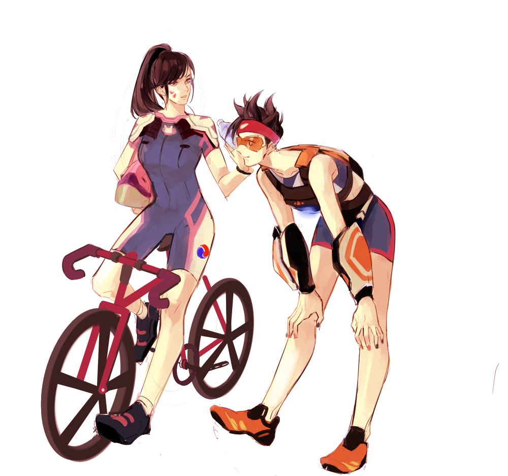 2girls, adapted_costume, bare_shoulders, bicycle, bicycle_helmet, bike_jersey, bike_shorts, biker_clothes