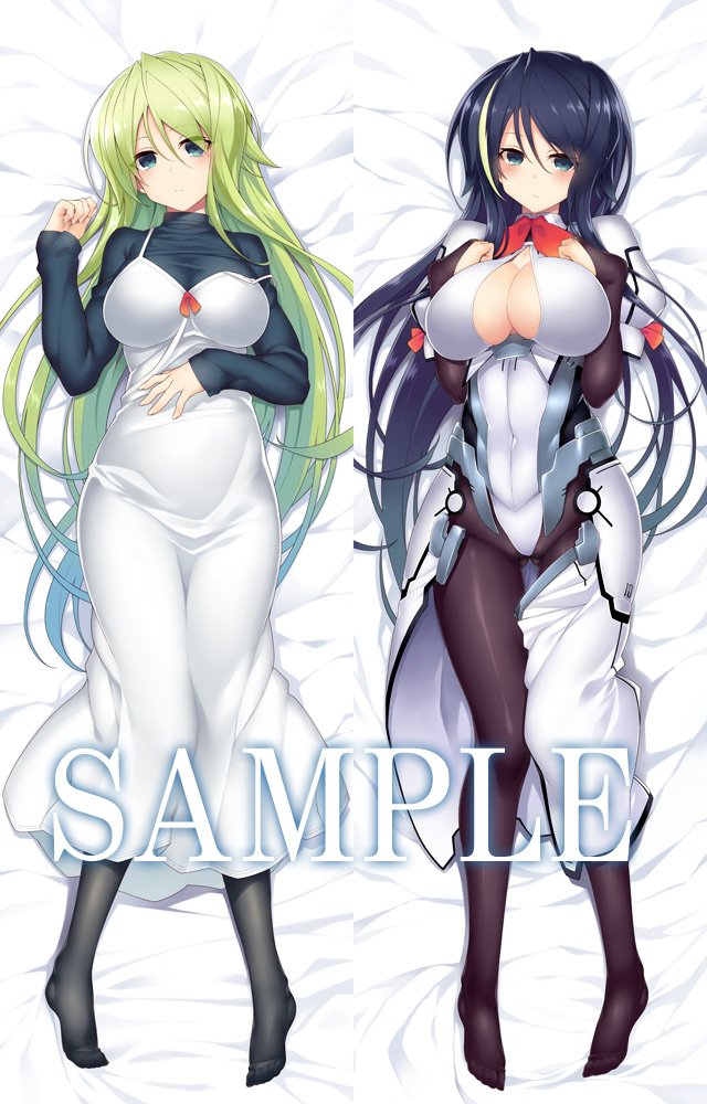 2girls, black_hair, blue_eyes, blush, bodysuit, breasts, cleavage, covered_navel, dakimakura_(medium), dual_persona, full_body, green_hair, huge_breasts, kodama_yuu, large_breasts, long_hair, looking_at_viewer, lying, mikage_(owari_no_chronicle), multicolored_hair, multiple_girls, multiple_views, on_back, owari_no_chronicle, pantyhose, sample_watermark, two-tone_hair, watermark