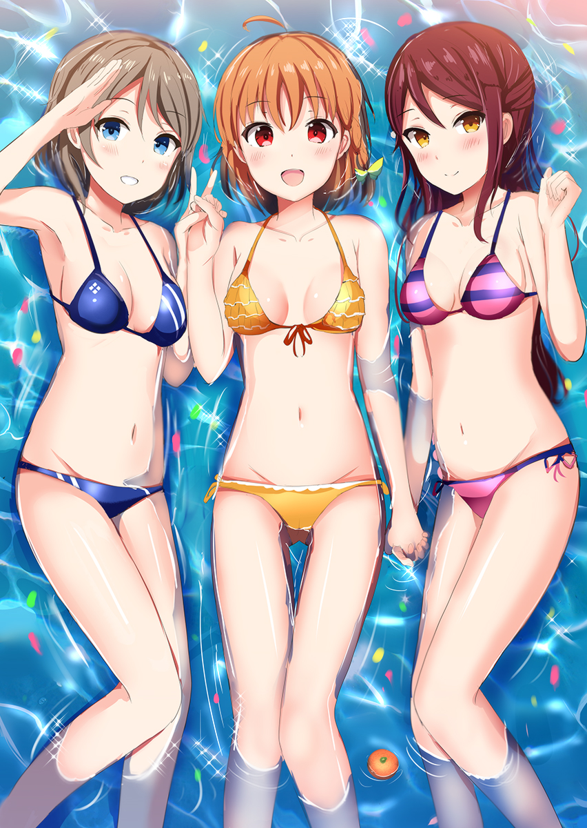 10s, 3girls, adapted_costume, afloat, ahoge, bikini, blue_eyes, blush