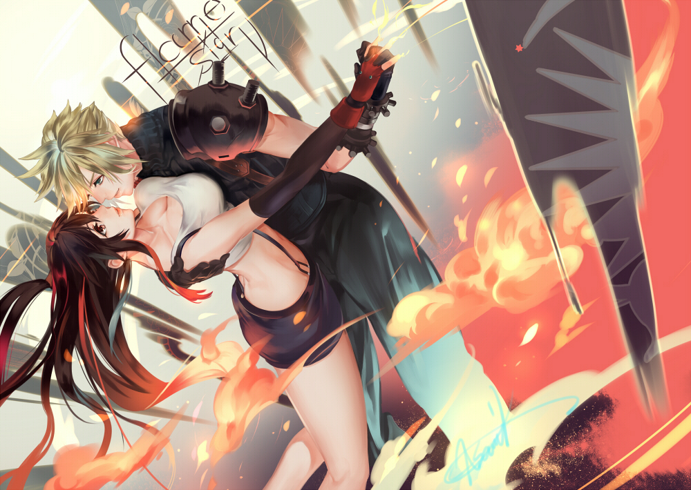 1990s_(style), 1boy, 1girl, asami_kudo, bad_id, bad_pixiv_id, black_hair, blonde_hair, breasts, cleavage, cloud_strife, final_fantasy, final_fantasy_vii, fingerless_gloves, gloves, holding_hands, hetero, kudou_asami, suspenders, tifa_lockhart