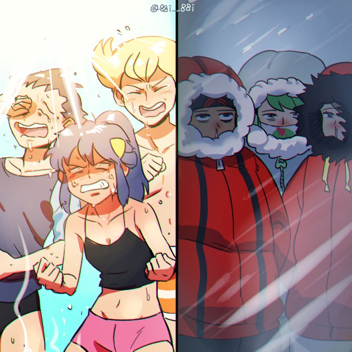 00s, 10s, 2girls, 4boys, anger_vein, bad_id, bad_twitter_id, barry_(pokemon), bbrangka, black_hair, blonde_hair, blue_hair, brendan_(pokemon), brendan_(pokemon_oras), brown_hair, coat, dawn_(pokemon), expressionless, green_hair, half_updo, light_rays, lucas_(pokemon), may_(pokemon), may_(pokemon_oras), multiple_boys, multiple_girls, nintendo, pants, pokemon, pokemon_diamond/pearl/platinum, pokemon_omega_ruby_and_alpha_sapphire, ponytail, shorts, snot, steam, striped_clothes, striped_pants, summer, sunbeam, sunlight, sweat, tank_top, truth, twitter_username, wally_(pokemon), winter, winter_clothes, wiping_face