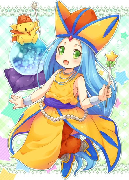 1girl, blue_hair, crystal_ball, dragon_quest, dragon_quest_monsters:_caravan_heart, dragon_quest_vii, dress, fosse_(dq7)