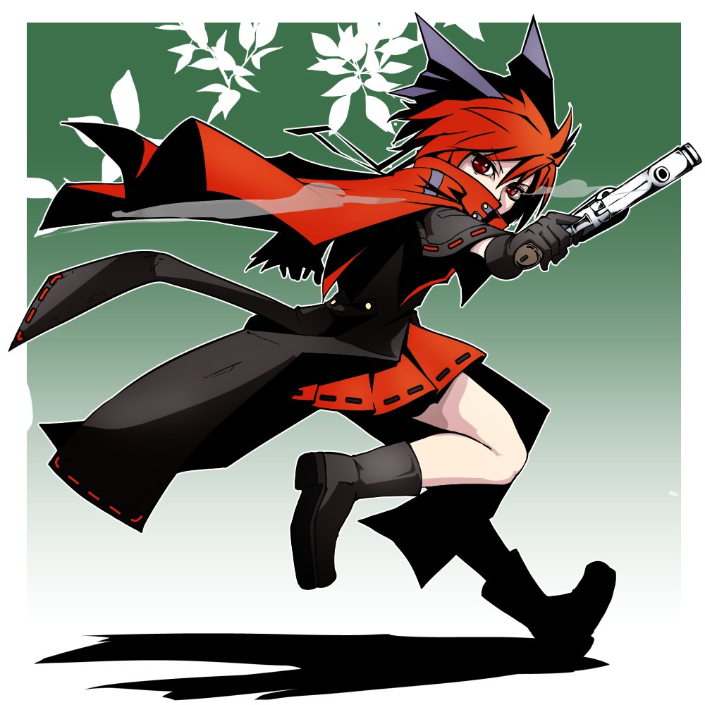 1girl, agl_arms_.45_long_colt, black_boots, black_gloves, black_jacket, boots, bow, break-action_revolver