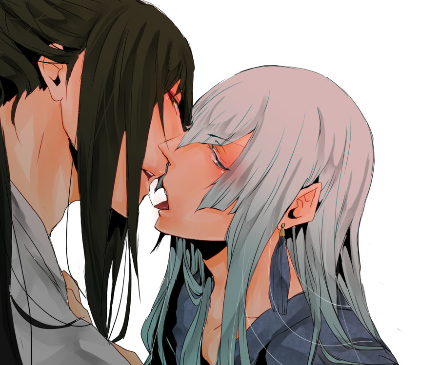 10s, 2boys, after_kiss, blue_eyes, blue_hair, blush, close-up, earrings, eyebrows, green_hair, jewelry, kousetsu_samonji, long_hair, looking_at_viewer, male_focus, multiple_boys, parted_lips, ponytail, saliva, saliva_trail, simple_background, tarou_tachi, tassel, tassel_earrings, touken_ranbu, usami_misa, white_background, yaoi, yellow_eyes