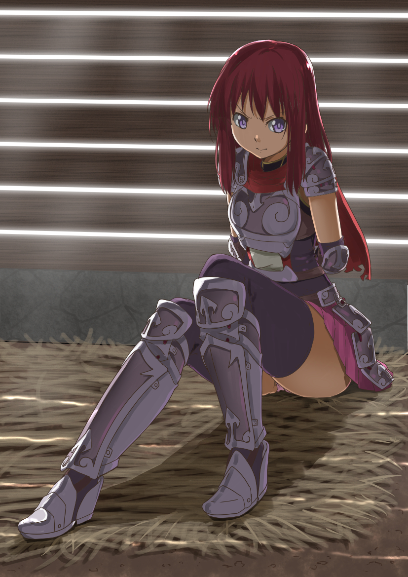 >:), 1girl, armor, armored_boots, arms_behind_back, black_thighhighs, boots, bound, bound_wrists, breastplate, closed_mouth, dappled_sunlight, elbow_pads, female_focus, full_body, grey_boots, hay, indoors, looking_at_viewer, original, panties, pantyshot, pink_panties, pink_skirt, pleated_skirt, purple_eyes, red_hair, shimotsuki_iko, shoulder_pads, sitting, skirt, solo, sunlight, thighhighs, tied_up, underwear, upskirt, v-shaped_eyebrows