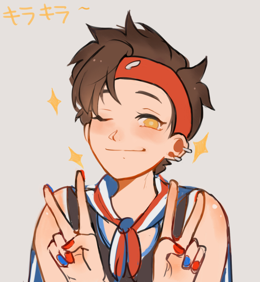 1girl, ;), bare_shoulders, bjmaki, blue_nails, blush, brown_hair, closed_mouth