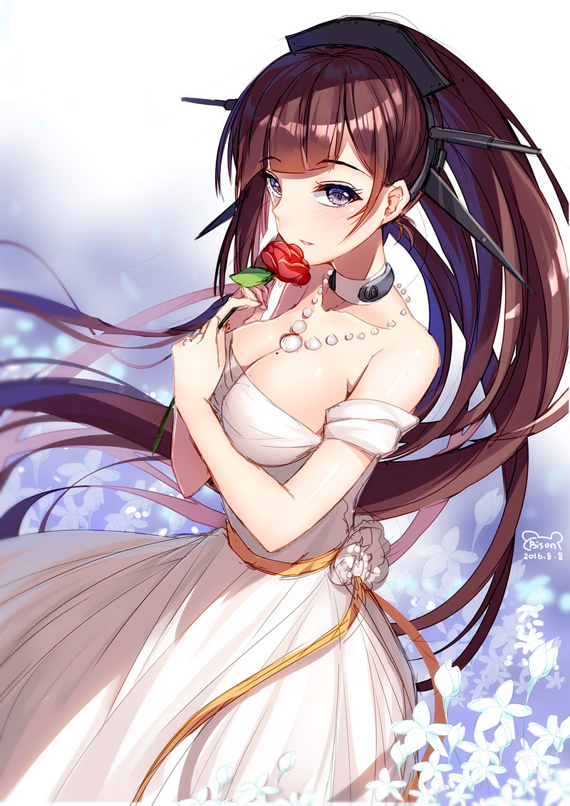 1girl, artist_name, bare_shoulders, bison_cangshu, breasts, brown_hair, choker, cleavage, collarbone, cowboy_shot, dress, eyebrows, female_focus, floating_hair, flower, formal_clothes, headgear, holding, holding_flower, jewelry, large_breasts, long_hair, looking_at_viewer, mole, mole_on_breast, nagato_(warship_girls_r), necklace, off-shoulder_dress, off_shoulder, parted_lips, pearl_necklace, ponytail, purple_eyes, red_flower, red_rose, rose, sketch, solo, very_long_hair, warship_girls_r, white_dress