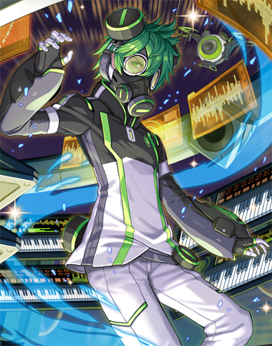 10s, 1boy, acidmond, black_gloves, cowboy_shot, fingerless_gloves, gas_mask, gloves, green_eyes, green_hair, holographic_interface, instrument, keyboard_(instrument), looking_at_viewer, lowres, male_focus, mask, matching_hair/eyes, nidy, official_art, show_by_rock!!, solo, stereo