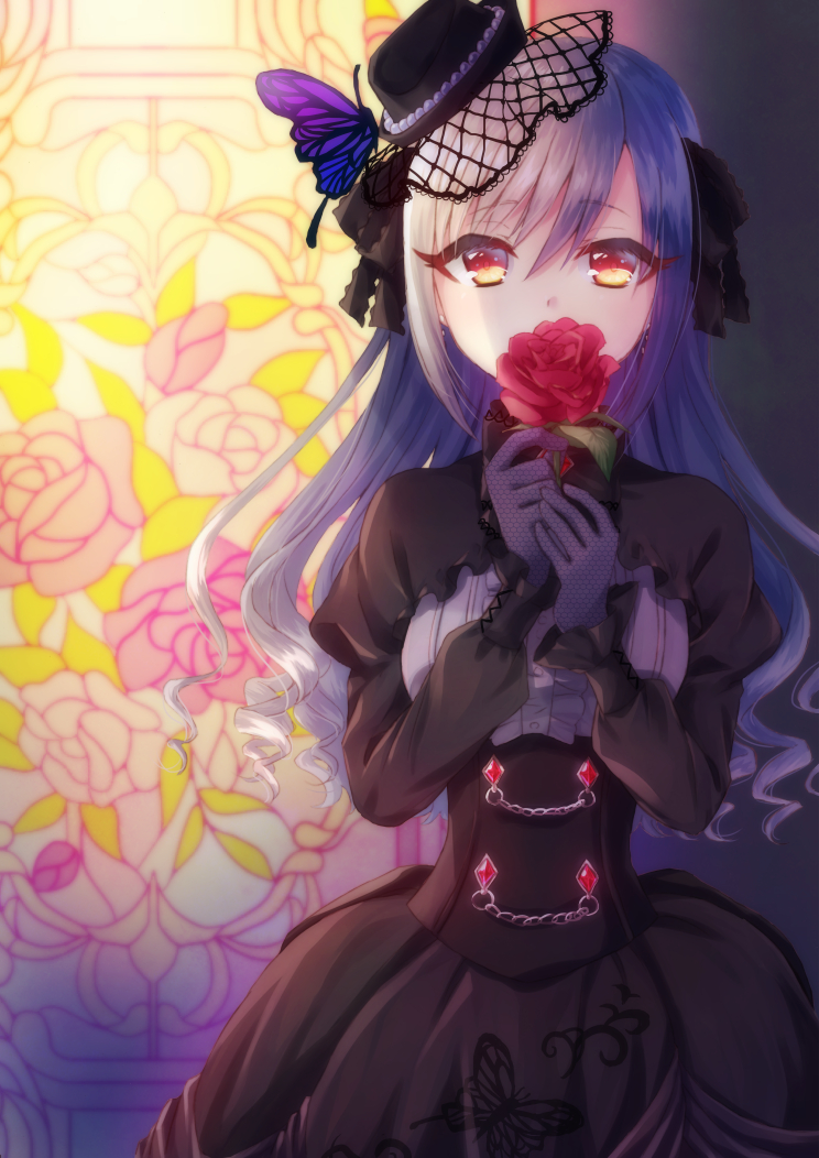 10s, 1girl, bad_id, bad_pixiv_id, butterfly_hair_ornament, female_focus, flower, gloves