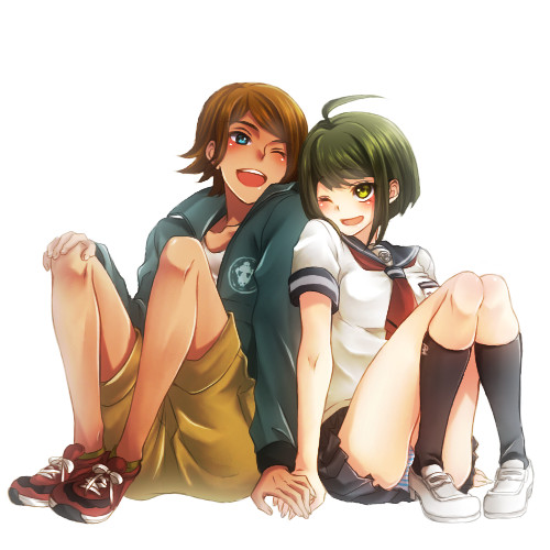 10s, 1boy, 1girl, ;d, ahoge, asagi_nanase, asahina_yuta, black_socks, danganronpa_(series), danganronpa_another_episode:_ultra_despair_girls, green_eyes, hetero, holding_hands, jacket, kneehighs, loafers, lowres, naegi_komaru, one_eye_closed, open_mouth, panties, pantyshot, school_uniform, serafuku, shoes, short_hair, shorts, side-by-side, smile, sneakers, socks, striped_clothes, striped_panties, track_jacket, underwear