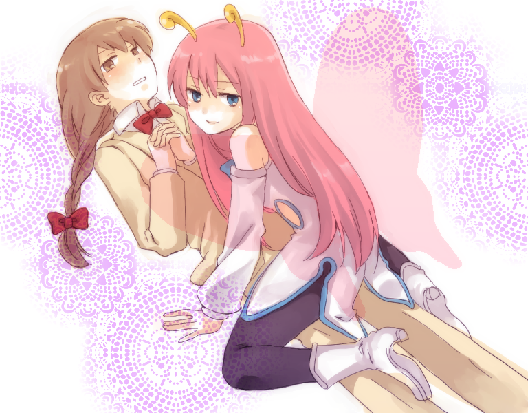 00s, 2girls, bad_id, bad_pixiv_id, black_legwear, blazer, blush, bow