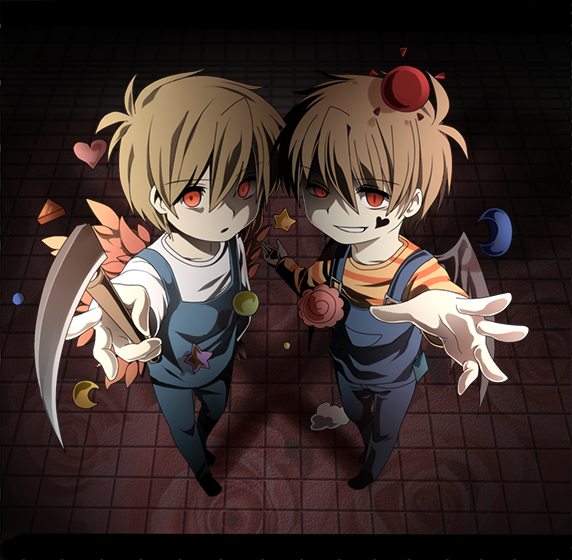 2boys, alternate_costume, brown_hair, dual_persona, evil_smile, mizuoka_yuuichi, multiple_boys, re:kinder