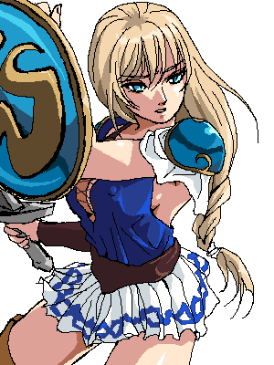 1girl, blonde_hair, blue_eyes, female_focus, long_hair, lowres, namco, ooyama_(o-yama), pixel_art, shield, skirt, solo, sophitia_alexandra, soul_calibur, sword, weapon, white_background