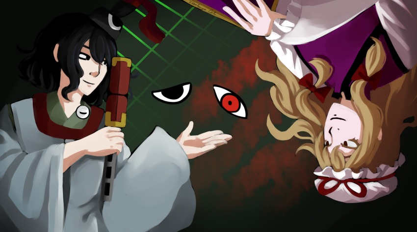 1girl, androgynous, asteris-kitsy, black_hair, blonde_hair, crossover, dress, gap_(touhou)