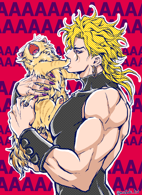 1boy, animal, birthmark, blonde_hair, cat, dio_brando, earrings, fingernails