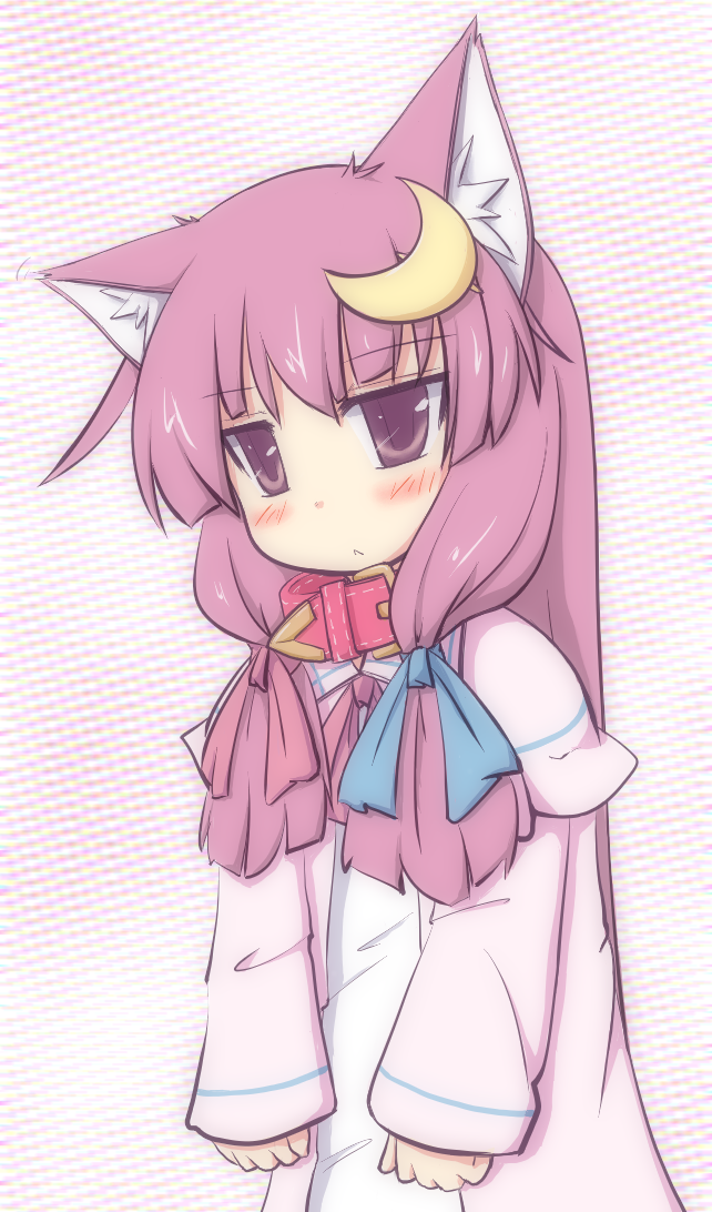 1girl, :<, animal_ears, bad_id, bad_pixiv_id, blue_bow, blush, bow, cat_ears, collar, crescent, crescent_hair_ornament, dress, female_focus, hair_ornament, hair_ribbon, kemonomimi_mode, long_hair, natsuki_(silent_selena), patchouli_knowledge, purple_bow, purple_eyes, purple_hair, ribbon, sidelocks, solo, touhou