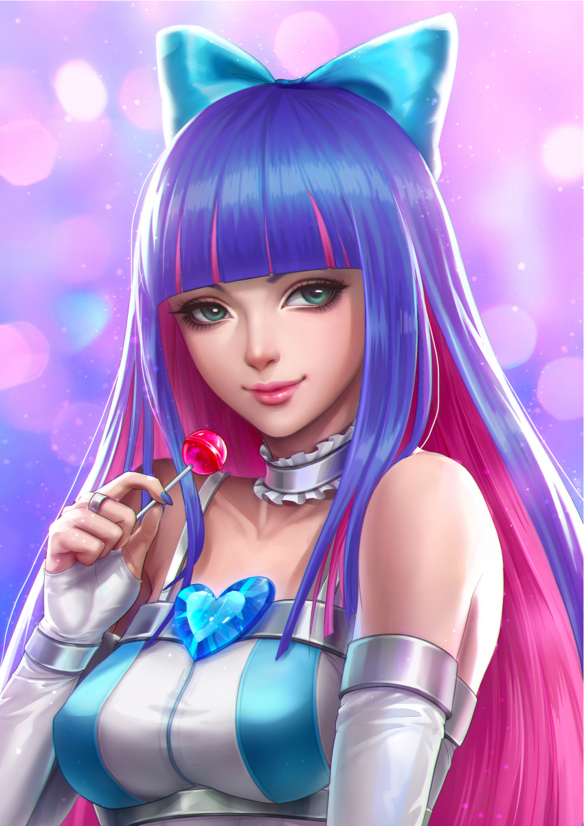 10s, 1girl, absurdres, aqua_eyes, blue_bow, blue_hair, blue_nails, bow, breasts, candy, collarbone, colored_inner_hair, commentary, dress, elbow_gloves, eyelashes, female_focus, food, gem, gloves, hair_bow, heart, heart-shaped_gem, highres, kai_e, large_breasts, light_smile, lips, lollipop, long_hair, looking_at_viewer, multicolored_hair, nail_polish, neck_garter, nose, panty_&amp;_stocking_with_garterbelt, pink_hair, pink_lips, purple_background, realistic, shirt, sleeveless, sleeveless_shirt, smile, solo, sparkle, stocking_(psg), striped_clothes, striped_dress, two-tone_hair, upper_body, vertical_stripes, white_gloves