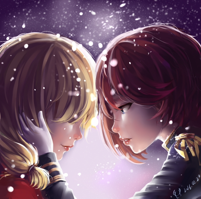 10s, 2016, 2girls, blonde_hair, dated, epaulettes, closed_eyes, gloves