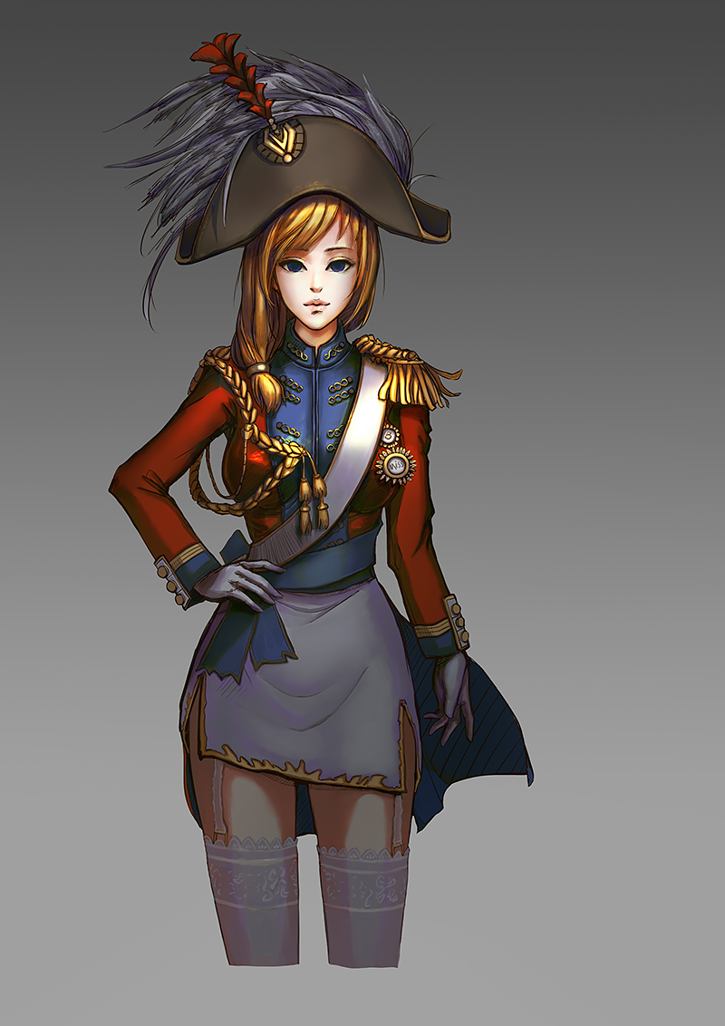 1girl, bicorne, blonde_hair, blue_eyes, braid, breasts, brown_hair, cropped_legs, epaulettes, female_focus, from_side, garter_straps, gloves, gradient_background, grey_background, hand_on_own_hip, hat, lace, lace-trimmed_legwear, lace_trim, large_breasts, lips, long_hair, looking_at_viewer, military, military_uniform, muzi_fish, rodney_(warship_girls_r), side_braid, side_slit, skirt, solo, thighhighs, thighs, warship_girls_r, white_thighhighs