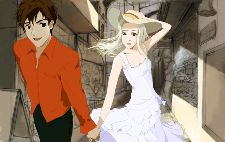 00s, bare_shoulders, blood+, dress, green_eyes, hat, holding, holding_hands