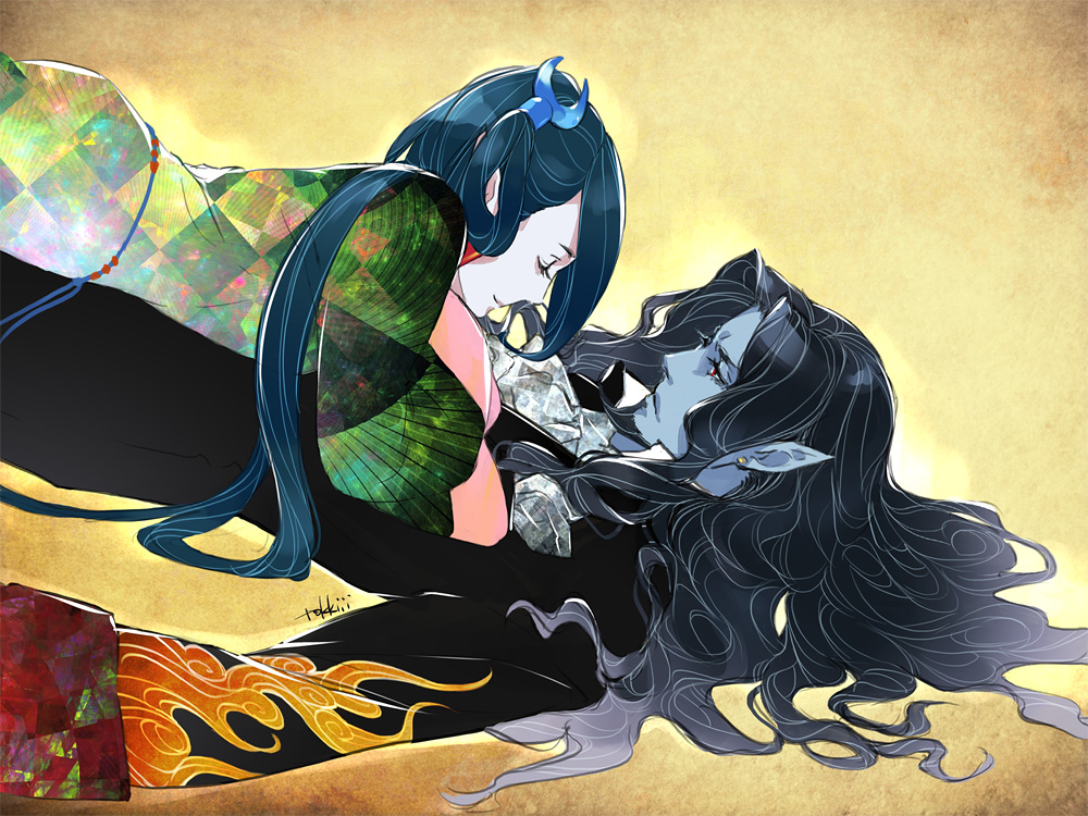 00s, 1boy, 1girl, artist_name, ascot, beard, blue_hair, closed_mouth