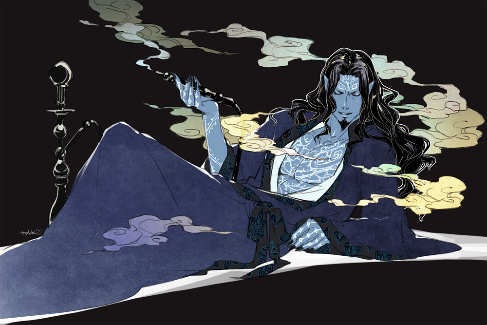 00s, 1boy, arm_support, beard, black_background, black_hair, black_nails, blue_skin, collarbone, colored_skin, count_of_monte_cristo_(gankutsuou), facial_hair, fingernails, gankutsuou, hookah, japanese_clothes, kimono, long_hair, lying, male_focus, nail_polish, open_clothes, parted_lips, smoking_pipe, pointy_ears, sharp_fingernails, simple_background, smoke, solo, tokkiii, traditional_clothes, wavy_hair