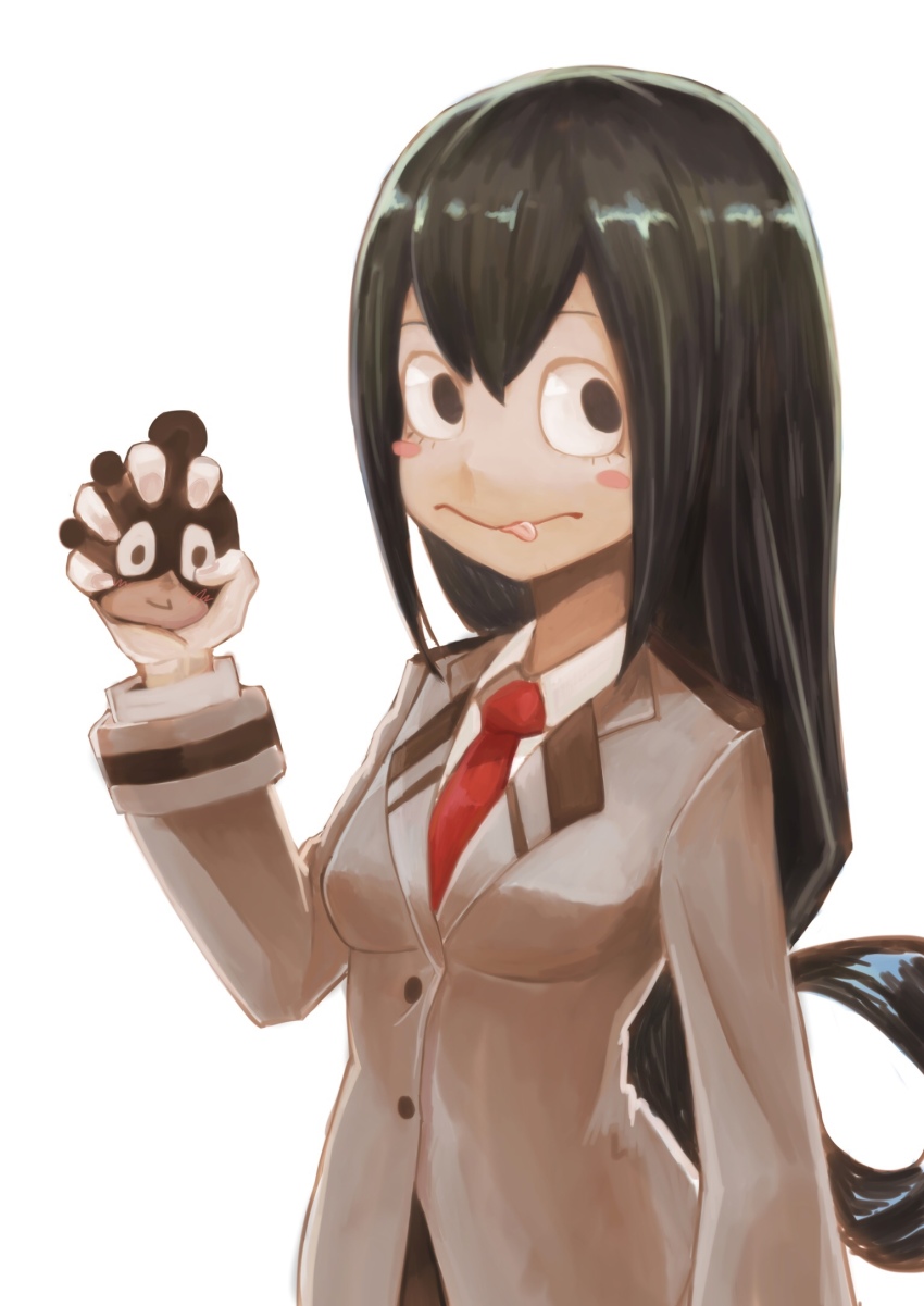 10s, 1girl, :>, :p, asui_tsuyu, black_eyes, black_hair, blazer