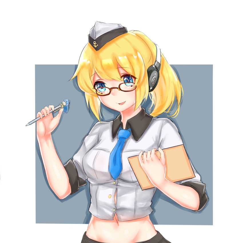 1girl, absurdres, anchor_symbol, blonde_hair, blue_eyes, clipboard, female_focus, glasses, groin, headphones, highres, ink_pen, ira_(warship_girls_r), midriff, navel, necktie, ponytail, r.r_(yohanee), sleeves_rolled_up, smile, solo, warship_girls_r